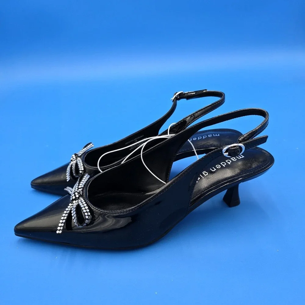 MADDEN GIRL WOMEN'S VIOLETTEE BLACK PATTENT‎ SLINGBACKS Rhinestone Bow 7M NWOB